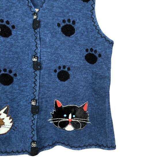 Vintage 90s Cat Knit Sweater Vest Small Rainbow Bridge Blue Sleeveless - Picture 2 of 7